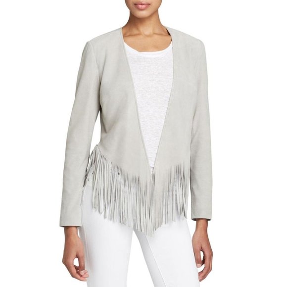 Moon & Meadow Women's Gray Suede Fringe Hem Jacket